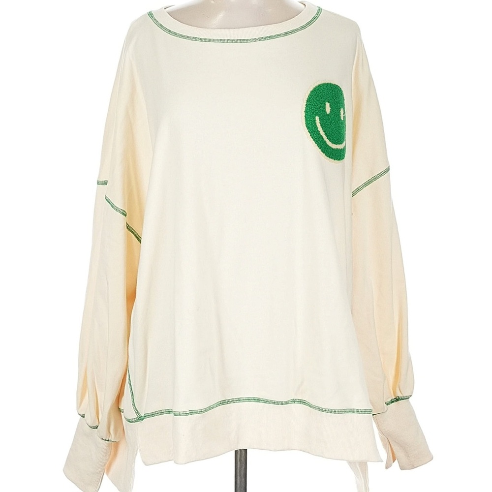 Cream and Green Women's Sweatshirt with Smiley Face